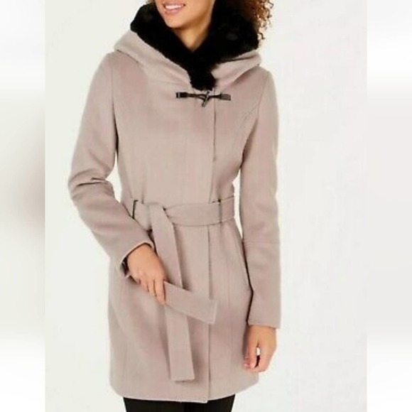 CALVIN Klein Thistle Faux Fur-Trimmed Wool Blend Belted Coat plus size XXL, XL - Picture 2 of 15